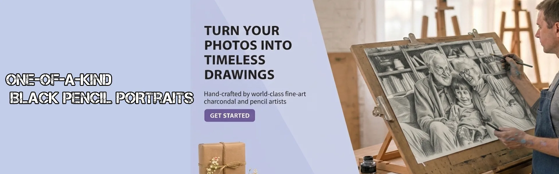 Custom black pencil portrait drawing featuring an artist hand‑drawing a detailed family pencil sketch from a photo.